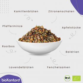 Bio Abendtee mit Kamillenblüten. Lavendel, Baldrian, Fenchelsamen, Apfelstücke, Orangenschalen, ideal für den abendlichen Genuss